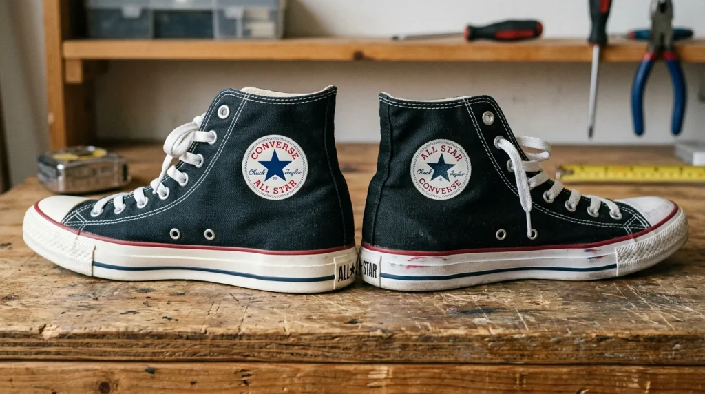 Real vs Fake Black Chuck Taylors: Photo Comparison & Authentication Guide 1 Side-by-side comparison photos of authentic real black Converse Chuck Taylors versus fake counterfeit sneakers (AI Generated Image)